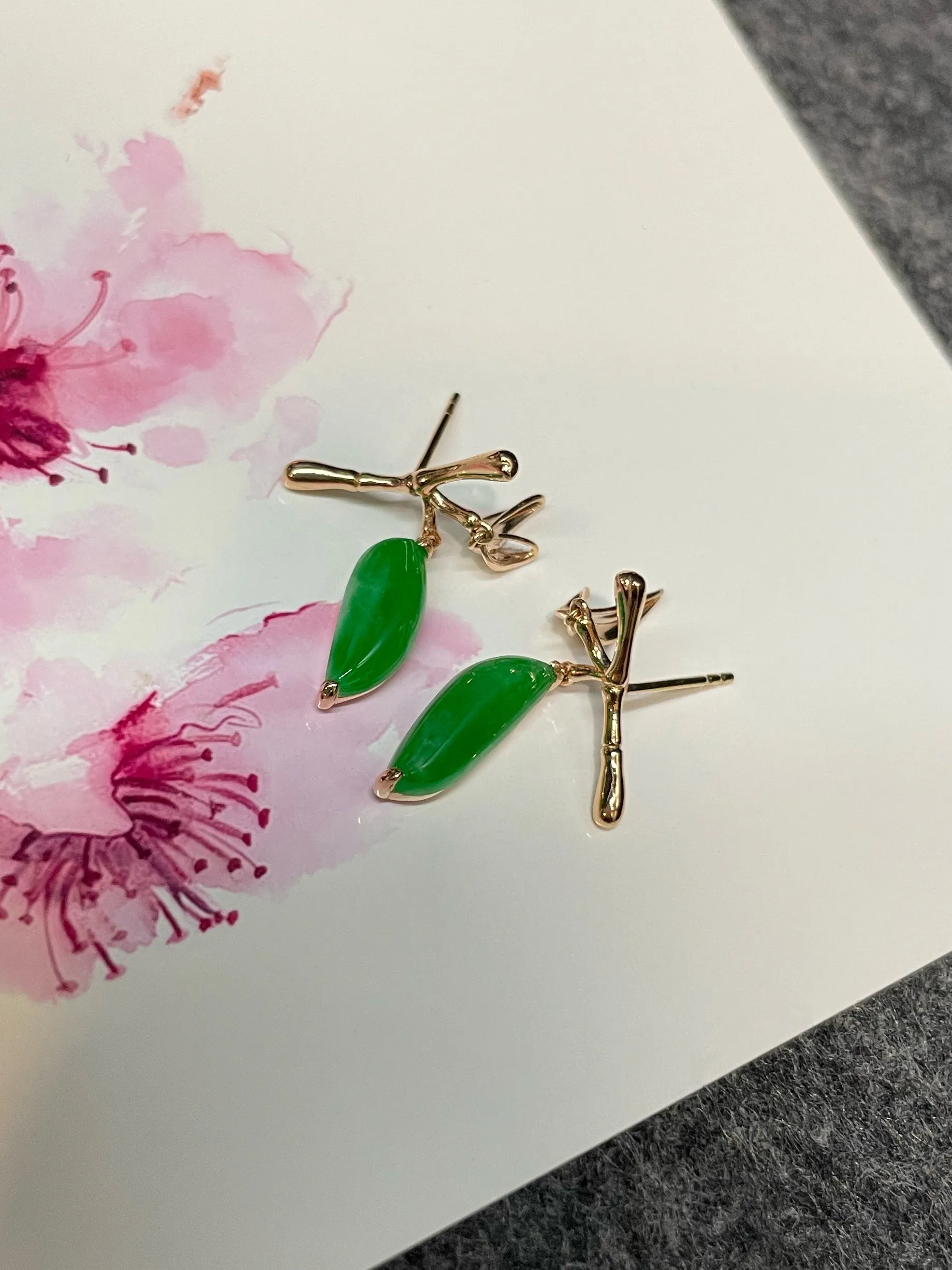 Green Jade Earrings - Bamboo Leaves (NJE229)