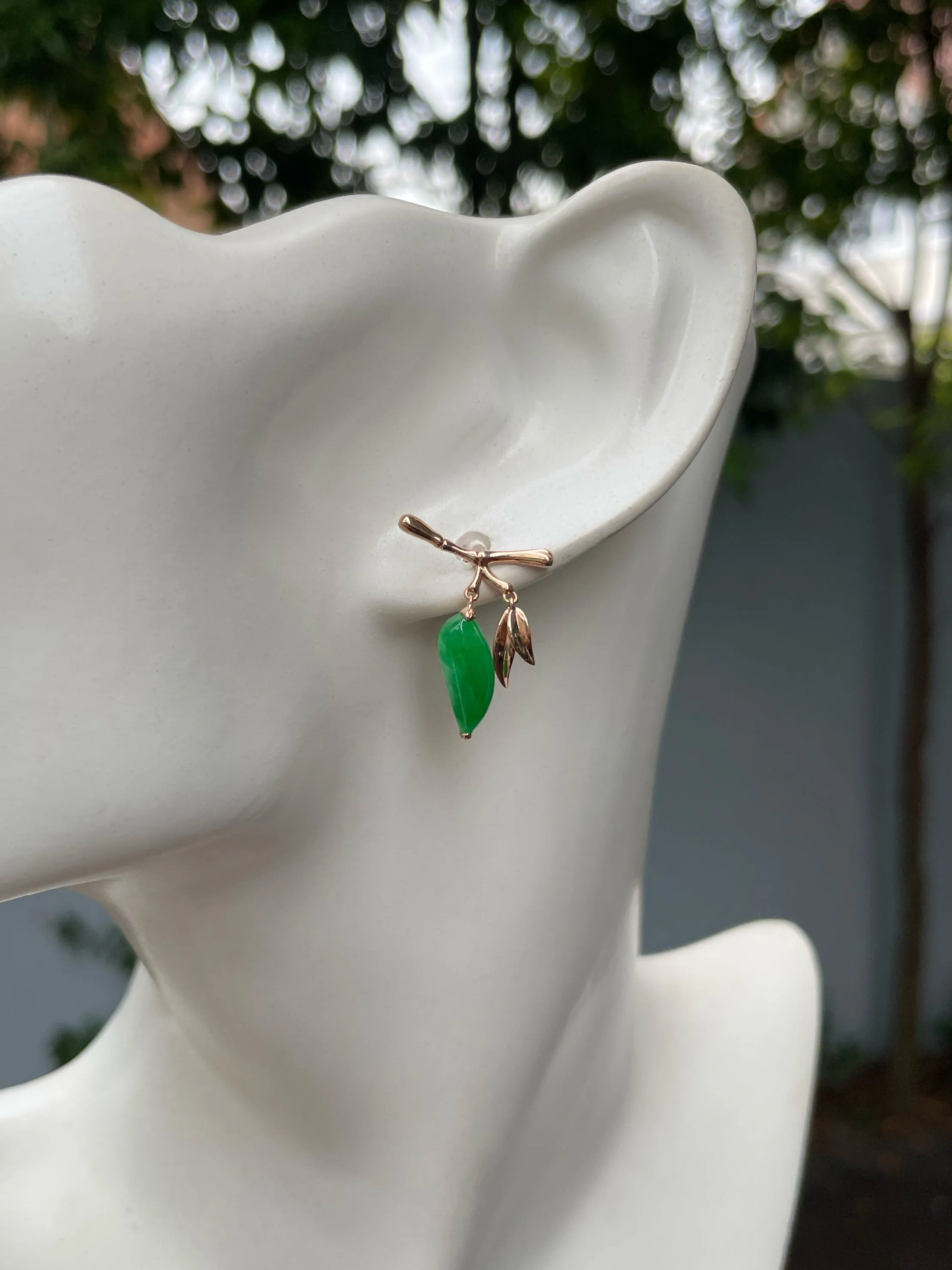 Green Jade Earrings - Bamboo Leaves (NJE229)