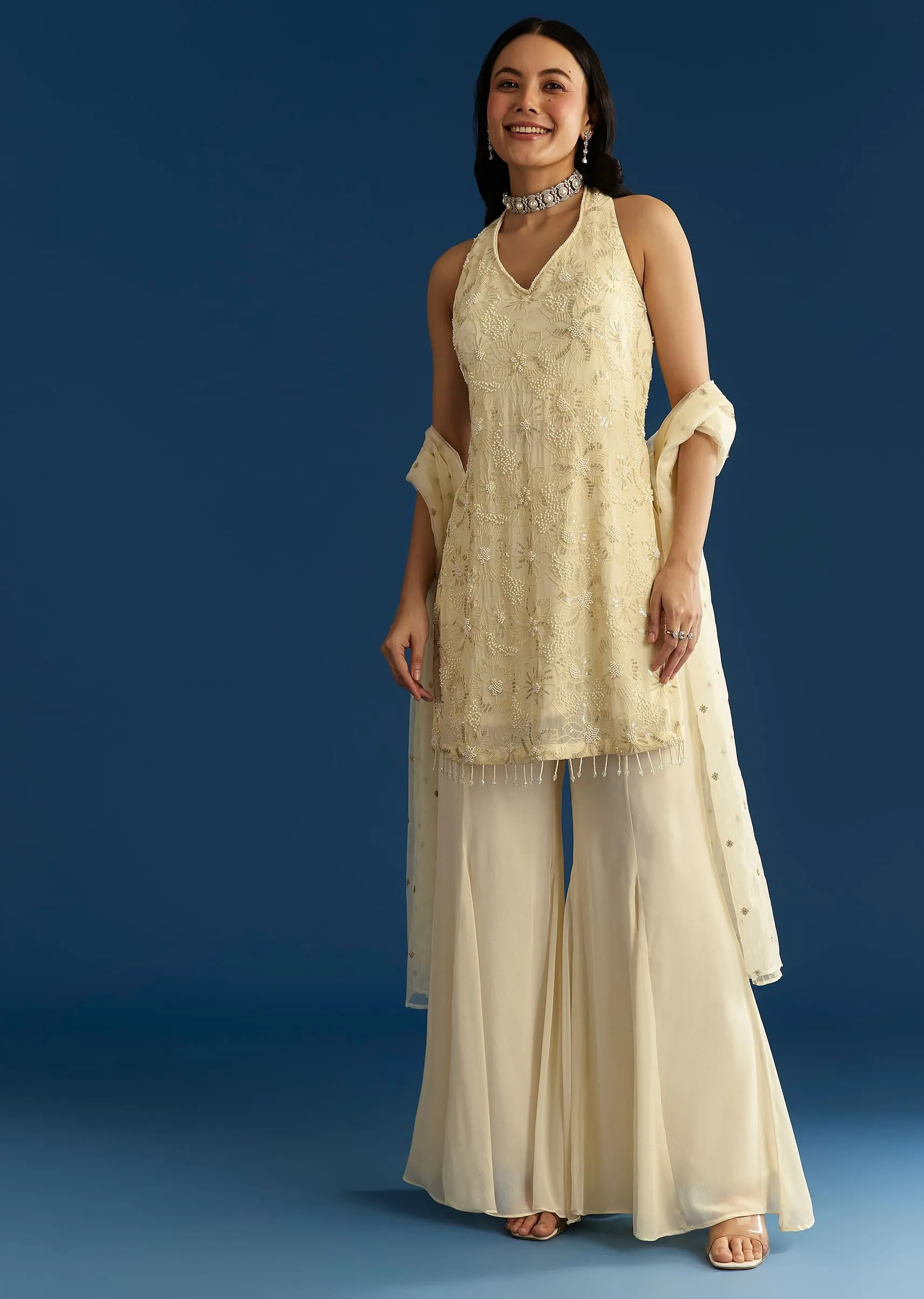 Ivory Georgette Kurta Palazzo Set With Dupatta