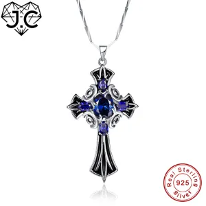 J.C  Medieval Style Tanzanite & 925 Sterling Silver Cross Pendant Necklace
