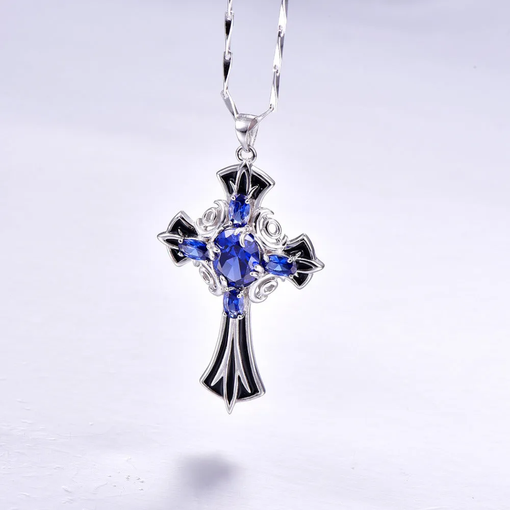 J.C  Medieval Style Tanzanite & 925 Sterling Silver Cross Pendant Necklace