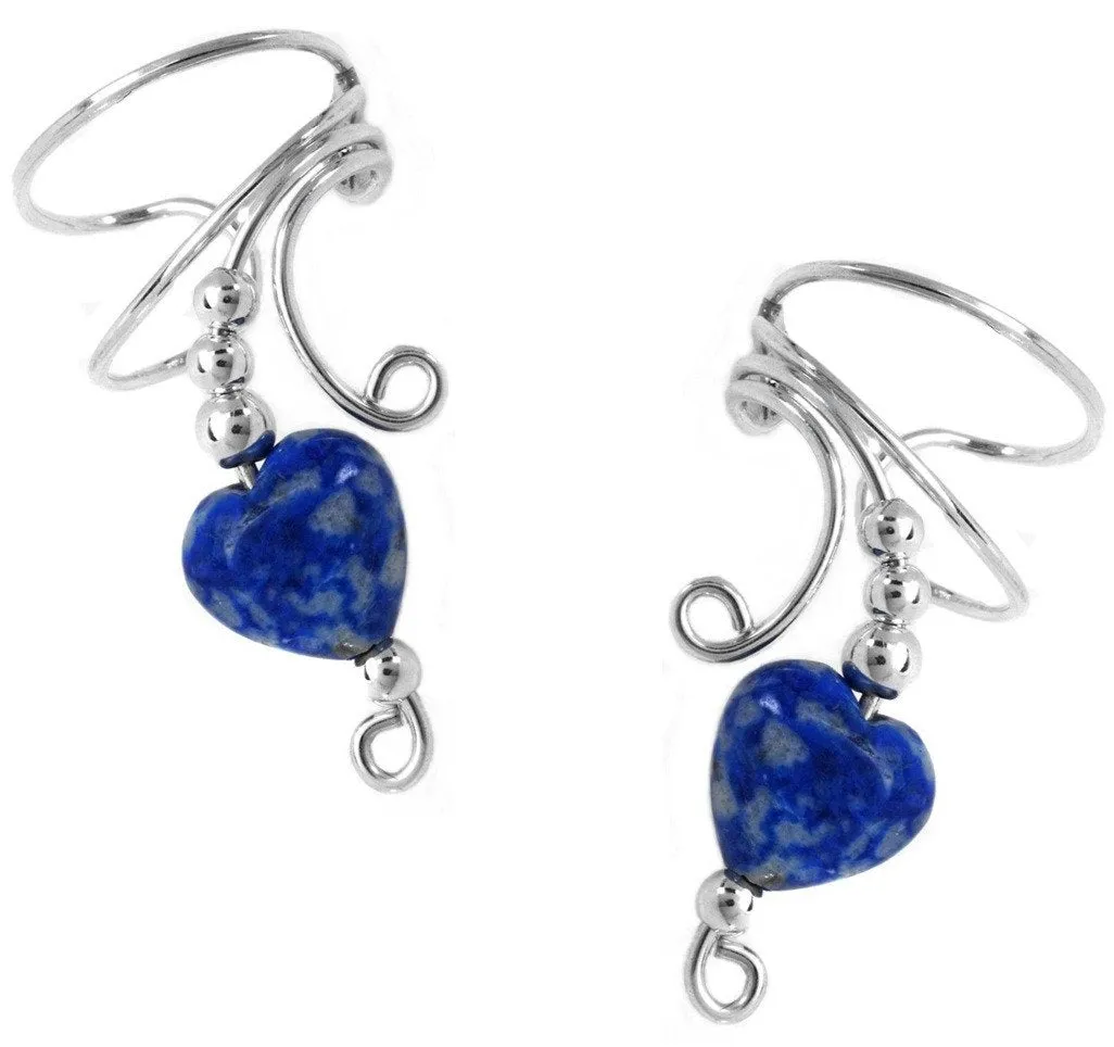 Lapis Heart Beaded Long Wave Curly Ear Cuff