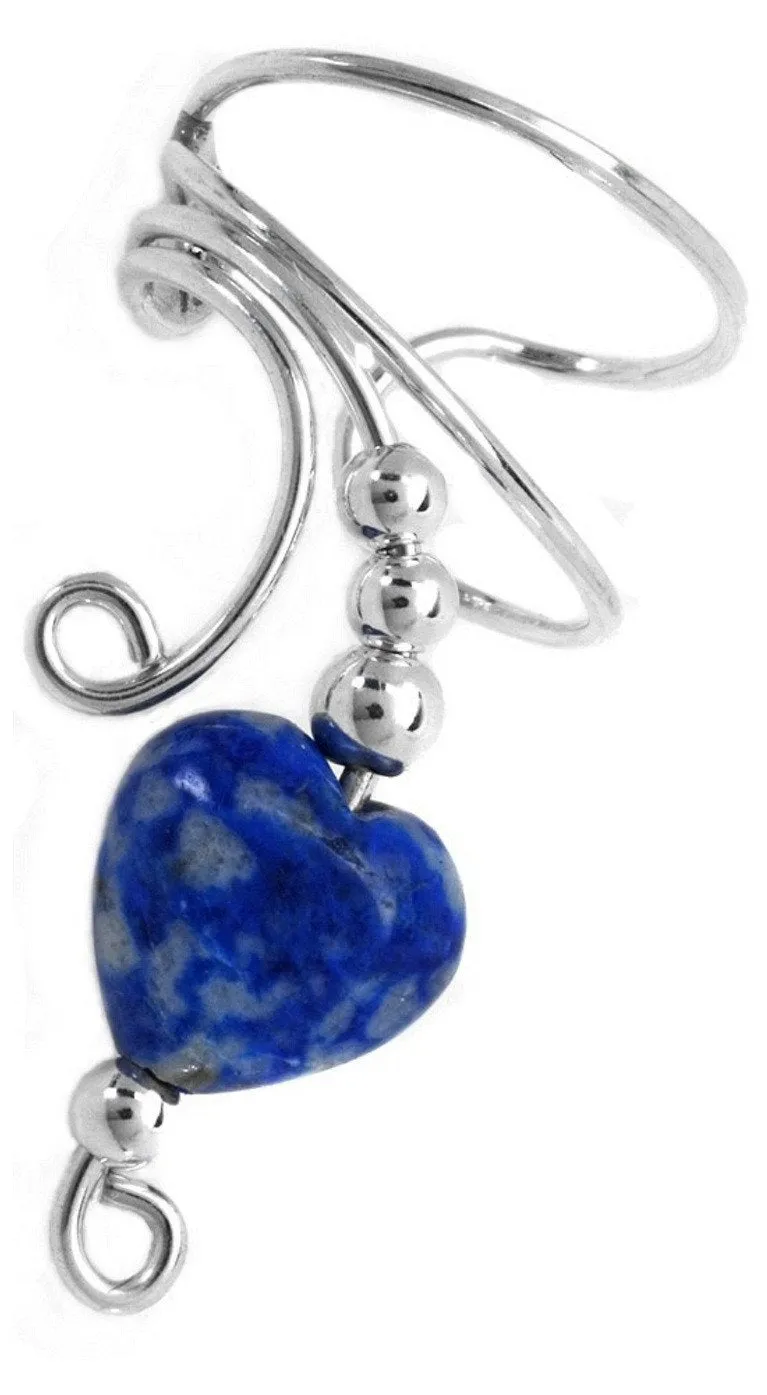 Lapis Heart Beaded Long Wave Curly Ear Cuff