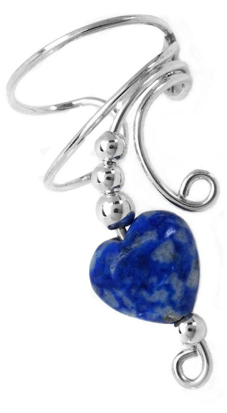 Lapis Heart Beaded Long Wave Curly Ear Cuff