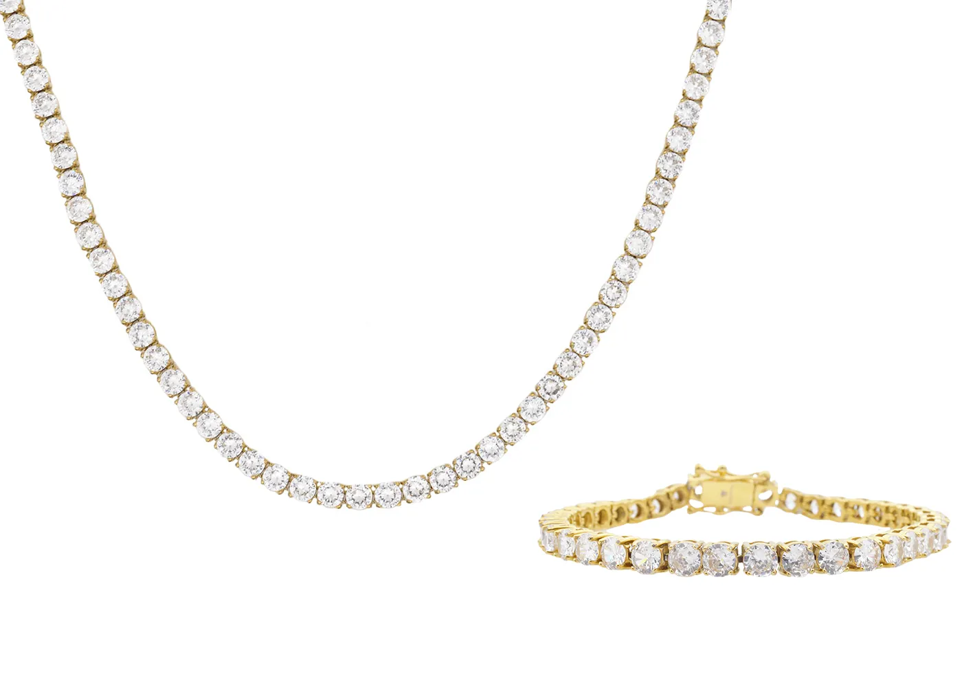 Mens Gold Plated Stainless Steel 5mm Cubic Zirconia Tennis Bracelet And Necklace Set