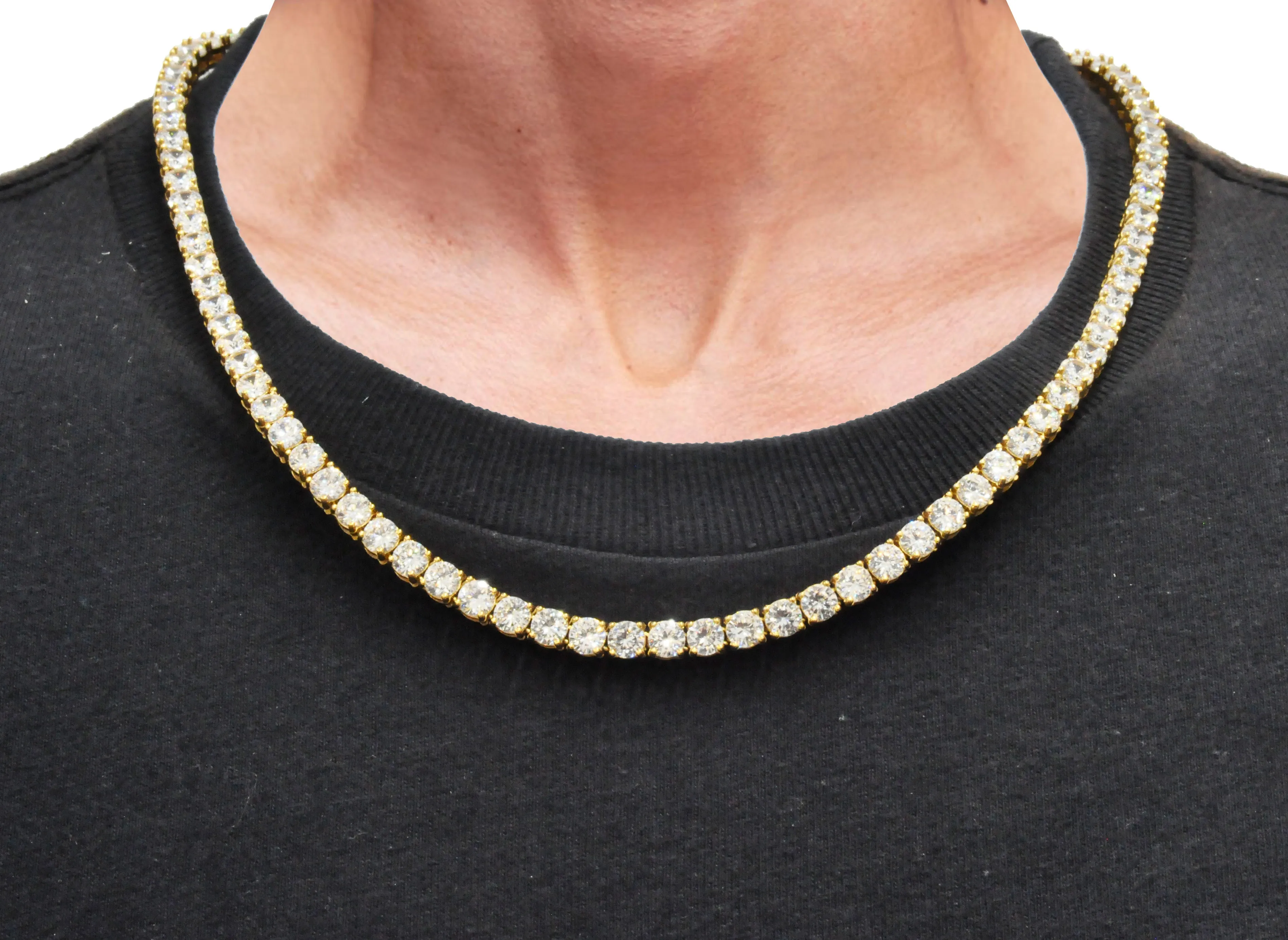 Mens Gold Plated Stainless Steel 5mm Cubic Zirconia Tennis Bracelet And Necklace Set