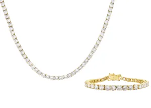 Mens Gold Plated Stainless Steel 5mm Cubic Zirconia Tennis Bracelet And Necklace Set