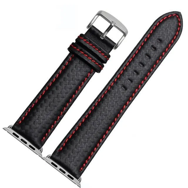 Mens Luxury Designers Black Apple Watch Band Carbon Fiber Leather
