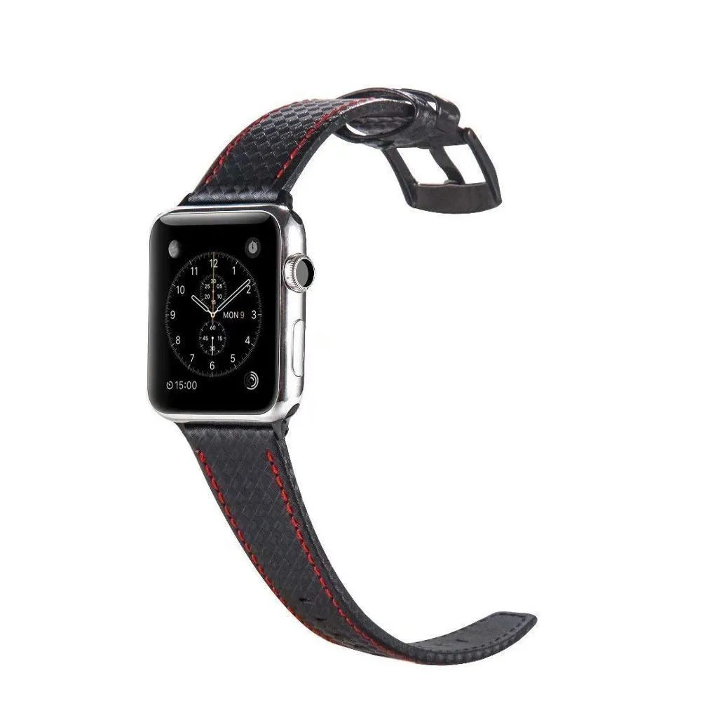 Mens Luxury Designers Black Apple Watch Band Carbon Fiber Leather