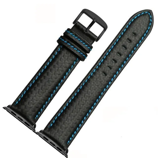 Mens Luxury Designers Black Apple Watch Band Carbon Fiber Leather
