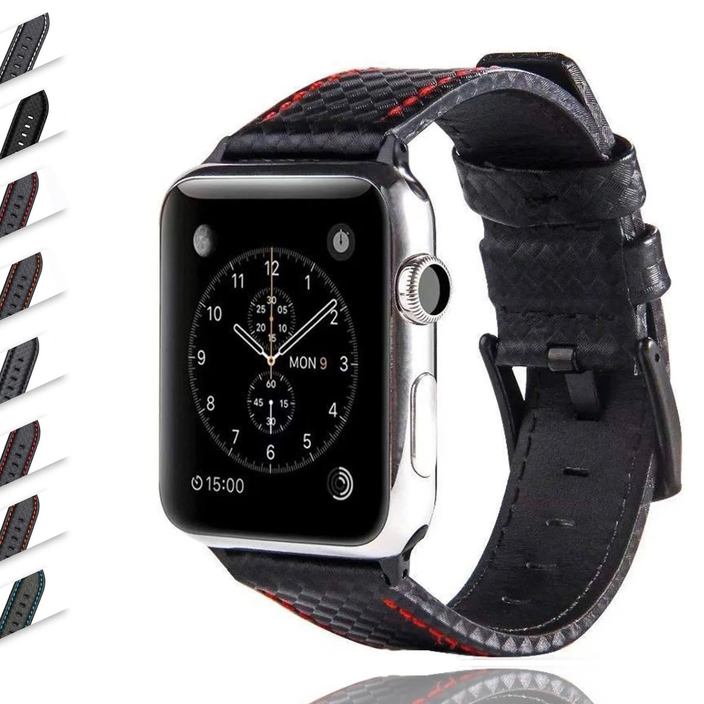 Mens Luxury Designers Black Apple Watch Band Carbon Fiber Leather