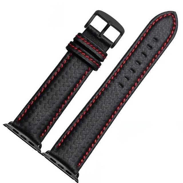 Mens Luxury Designers Black Apple Watch Band Carbon Fiber Leather