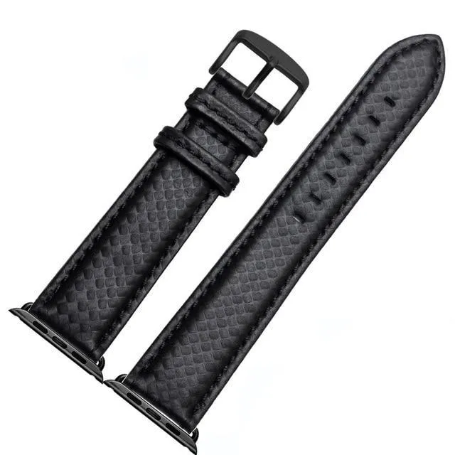 Mens Luxury Designers Black Apple Watch Band Carbon Fiber Leather