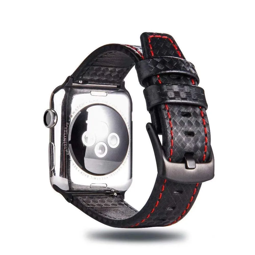 Mens Luxury Designers Black Apple Watch Band Carbon Fiber Leather