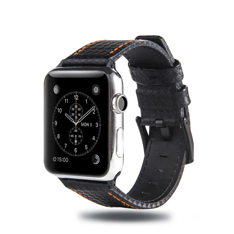 Mens Luxury Designers Black Apple Watch Band Carbon Fiber Leather