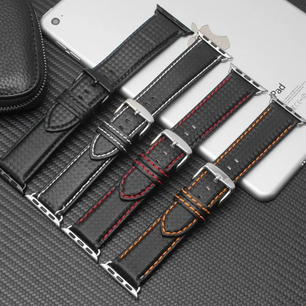 Mens Luxury Designers Black Apple Watch Band Carbon Fiber Leather