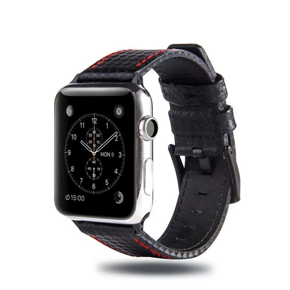 Mens Luxury Designers Black Apple Watch Band Carbon Fiber Leather
