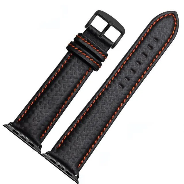 Mens Luxury Designers Black Apple Watch Band Carbon Fiber Leather