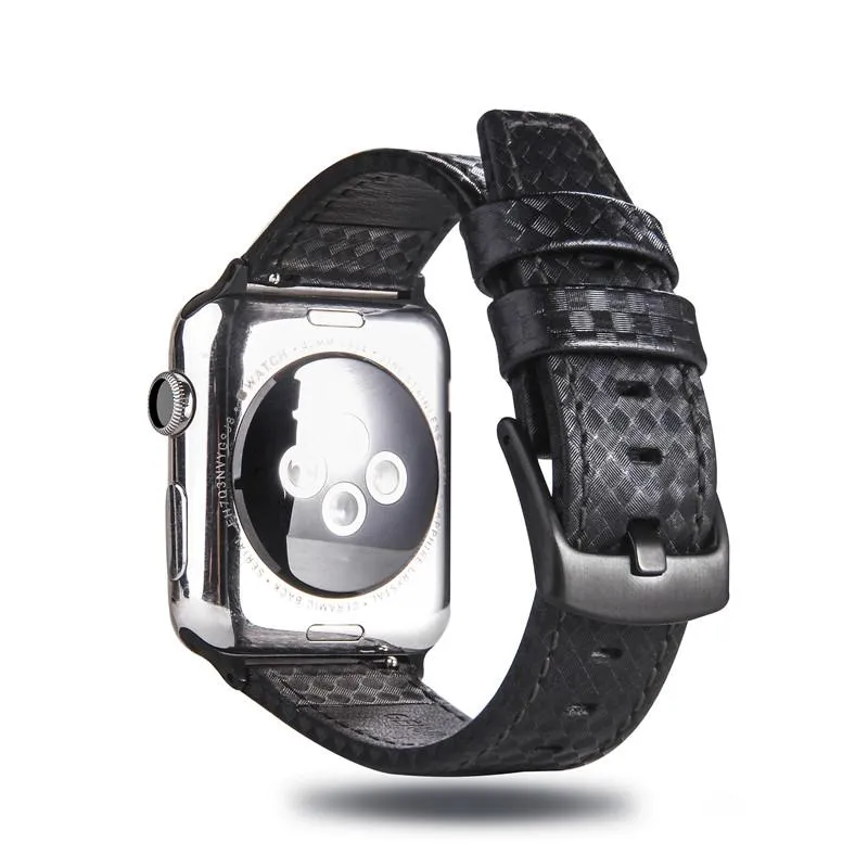 Mens Luxury Designers Black Apple Watch Band Carbon Fiber Leather