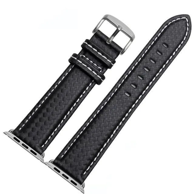 Mens Luxury Designers Black Apple Watch Band Carbon Fiber Leather