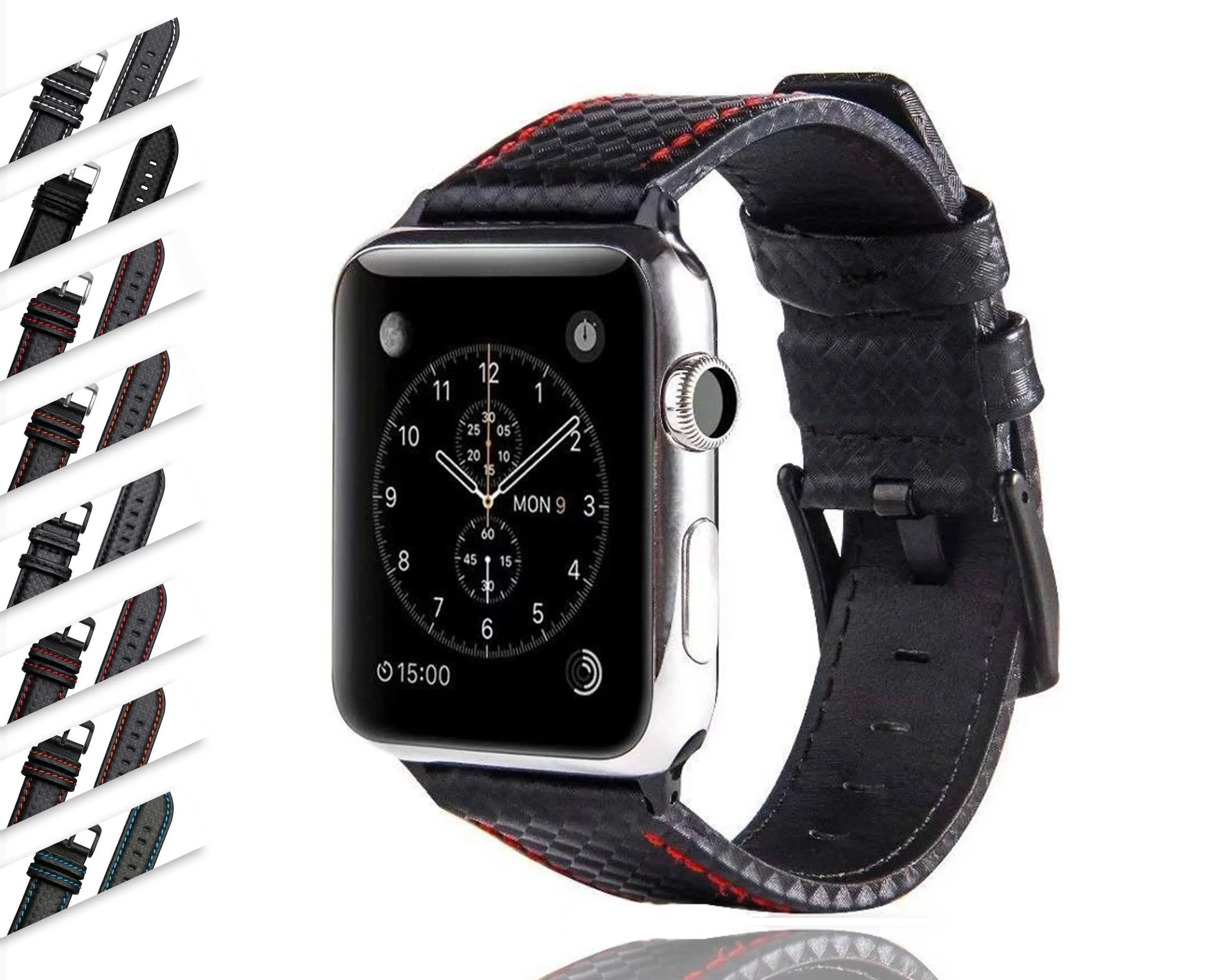 Mens Luxury Designers Black Apple Watch Band Carbon Fiber Leather