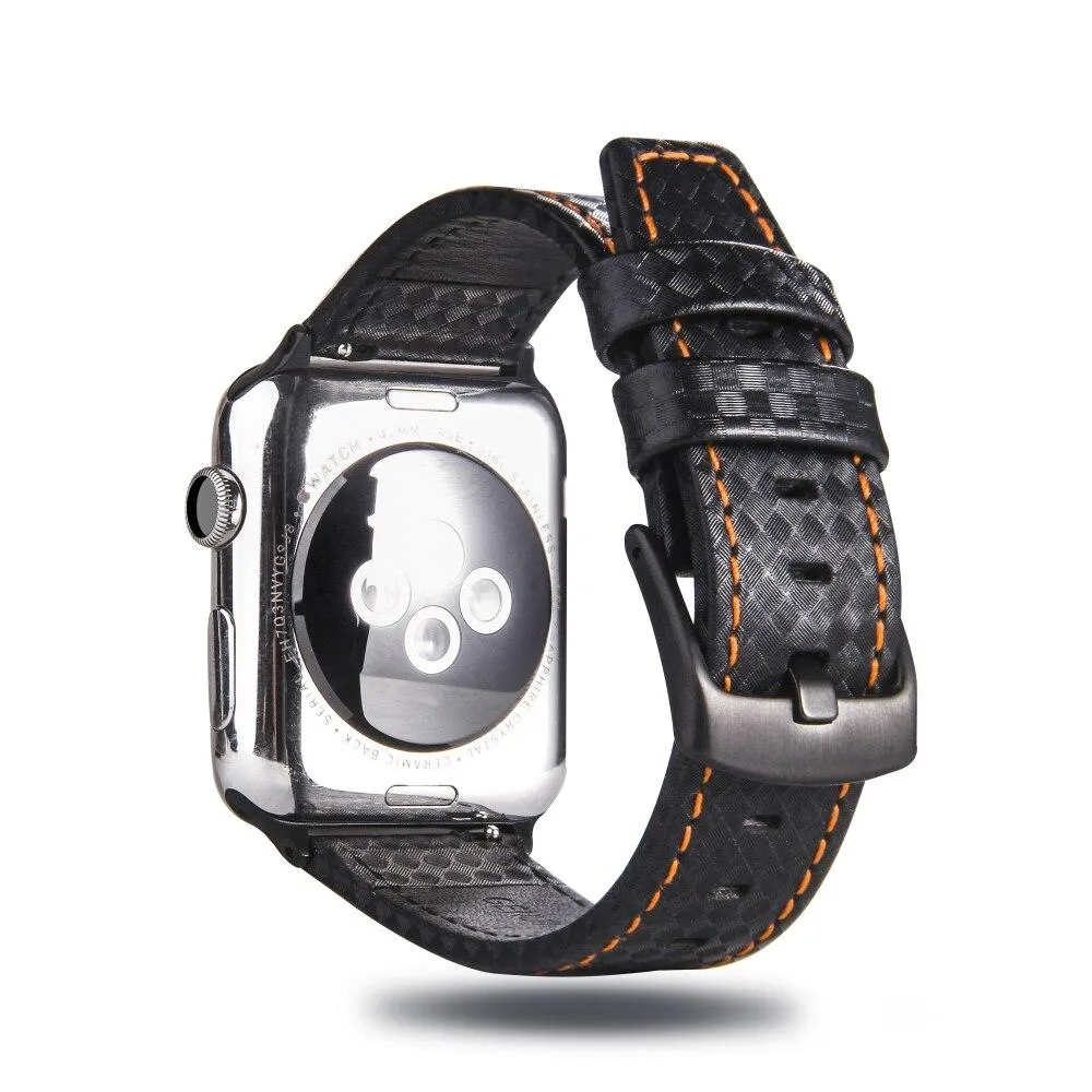Mens Luxury Designers Black Apple Watch Band Carbon Fiber Leather