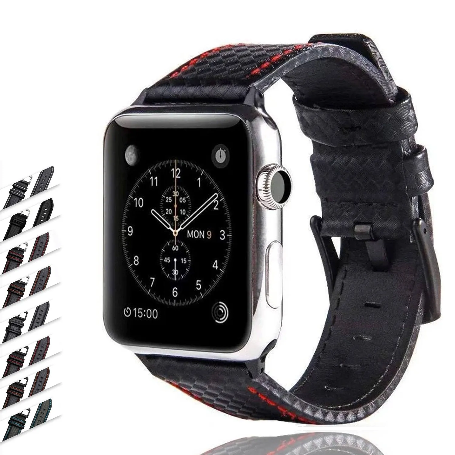 Mens Luxury Designers Black Apple Watch Band Carbon Fiber Leather