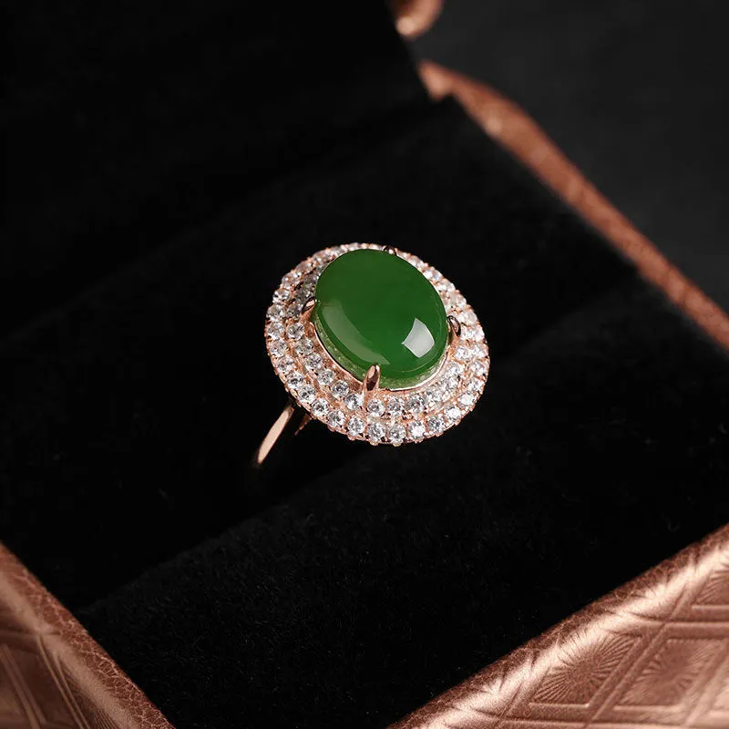 Natural Jade Ring Nephrite Silver Zircon Adjustable Ring ZNRG119