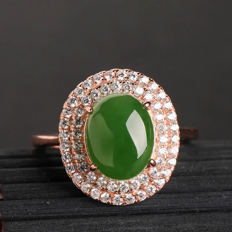 Natural Jade Ring Nephrite Silver Zircon Adjustable Ring ZNRG119