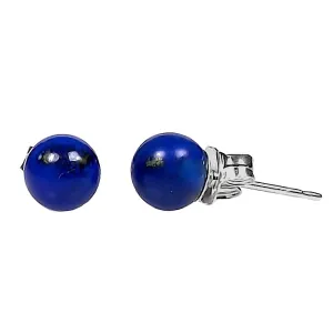 Natural Lapis Lazuli Ball Stud Post Earrings 14K White Gold