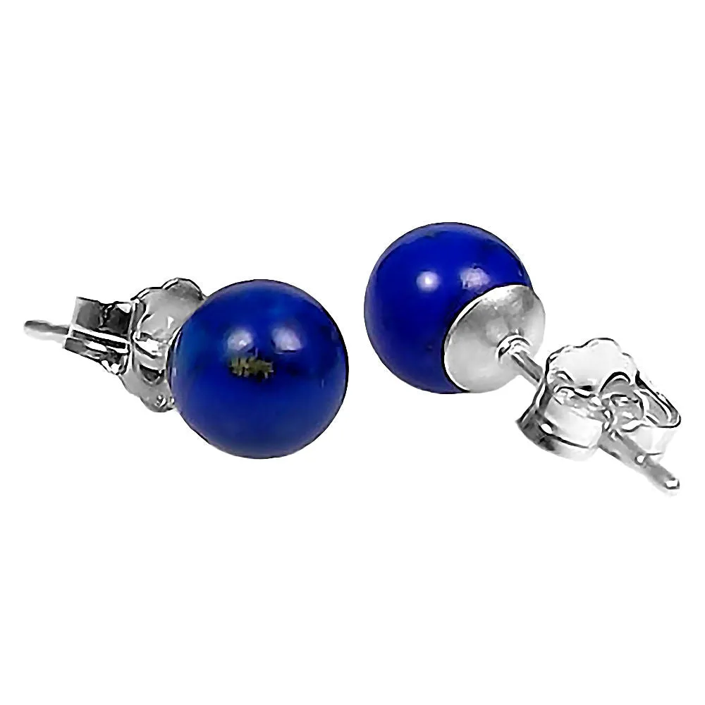 Natural Lapis Lazuli Ball Stud Post Earrings 14K White Gold