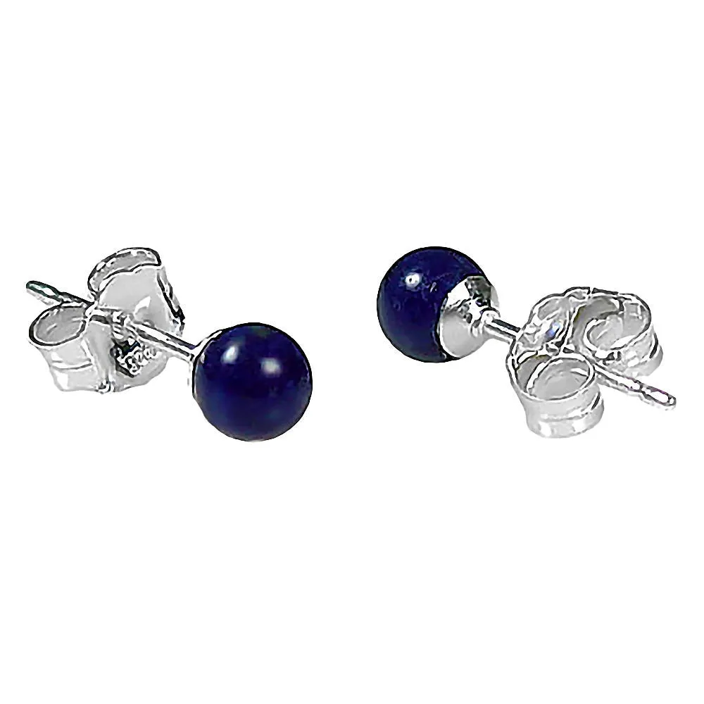 Natural Lapis Lazuli Ball Stud Post Earrings 14K White Gold