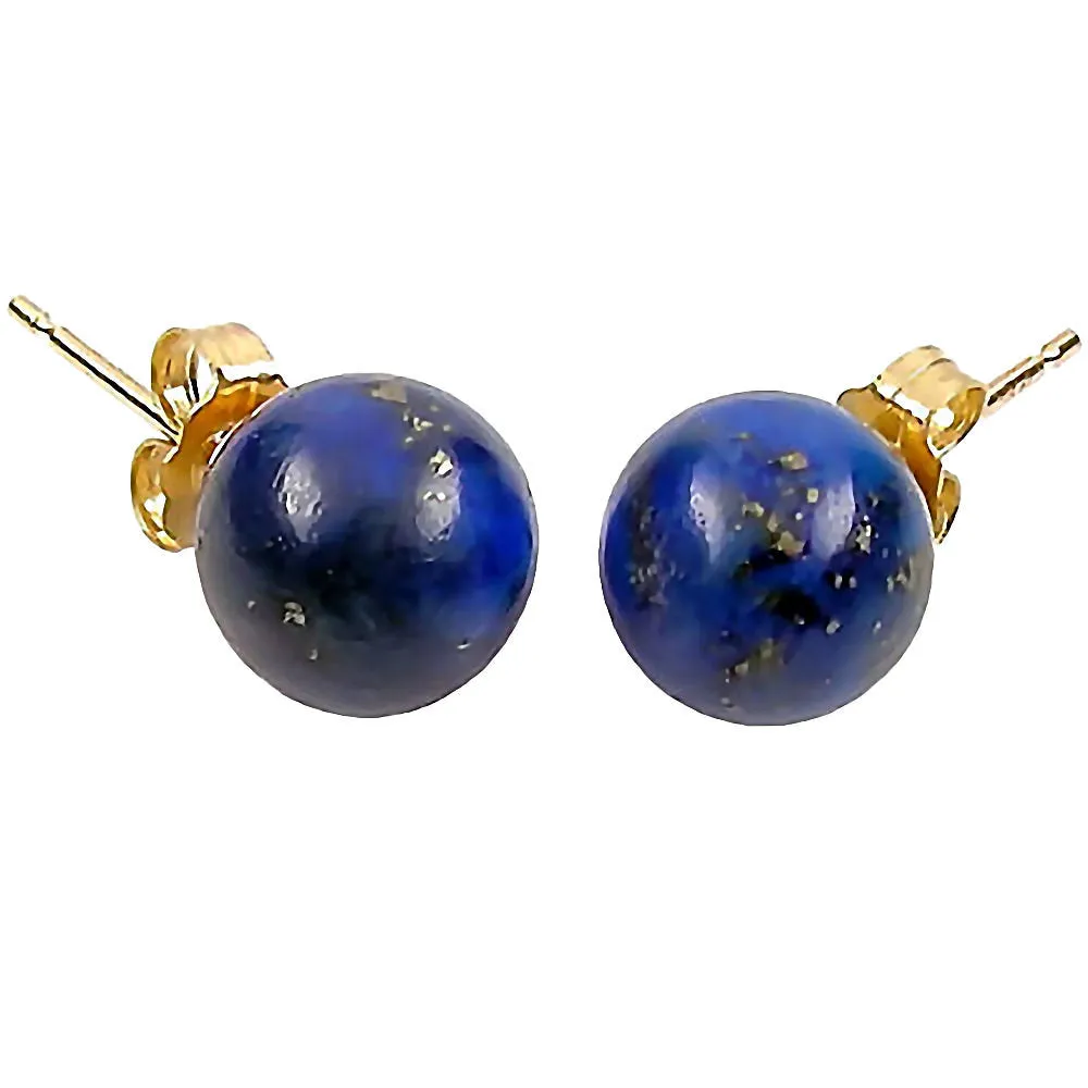 Natural Lapis Lazuli Ball Stud Post Earrings 14K Yellow Gold