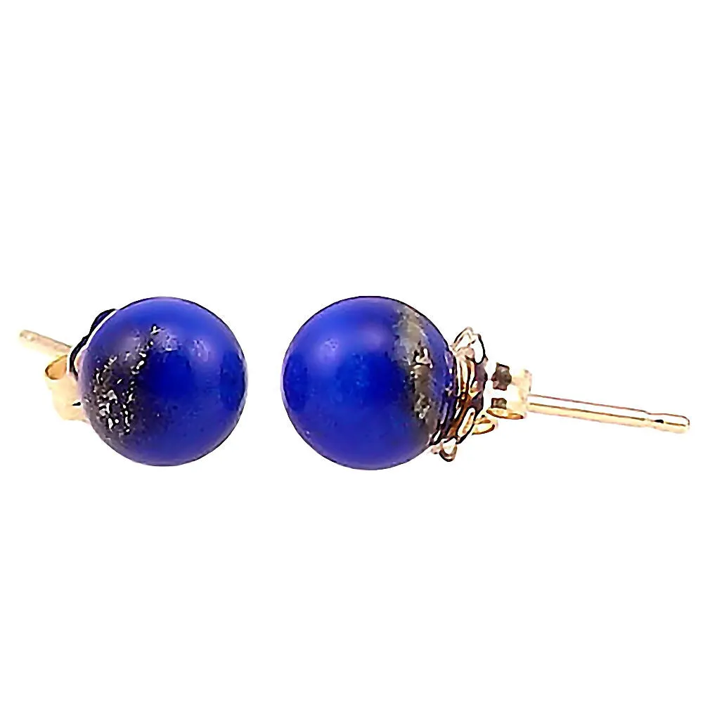 Natural Lapis Lazuli Ball Stud Post Earrings 14K Yellow Gold