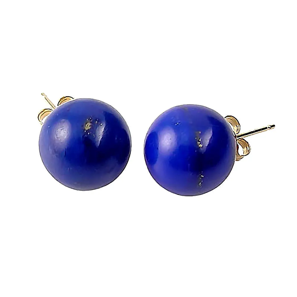 Natural Lapis Lazuli Ball Stud Post Earrings 14K Yellow Gold