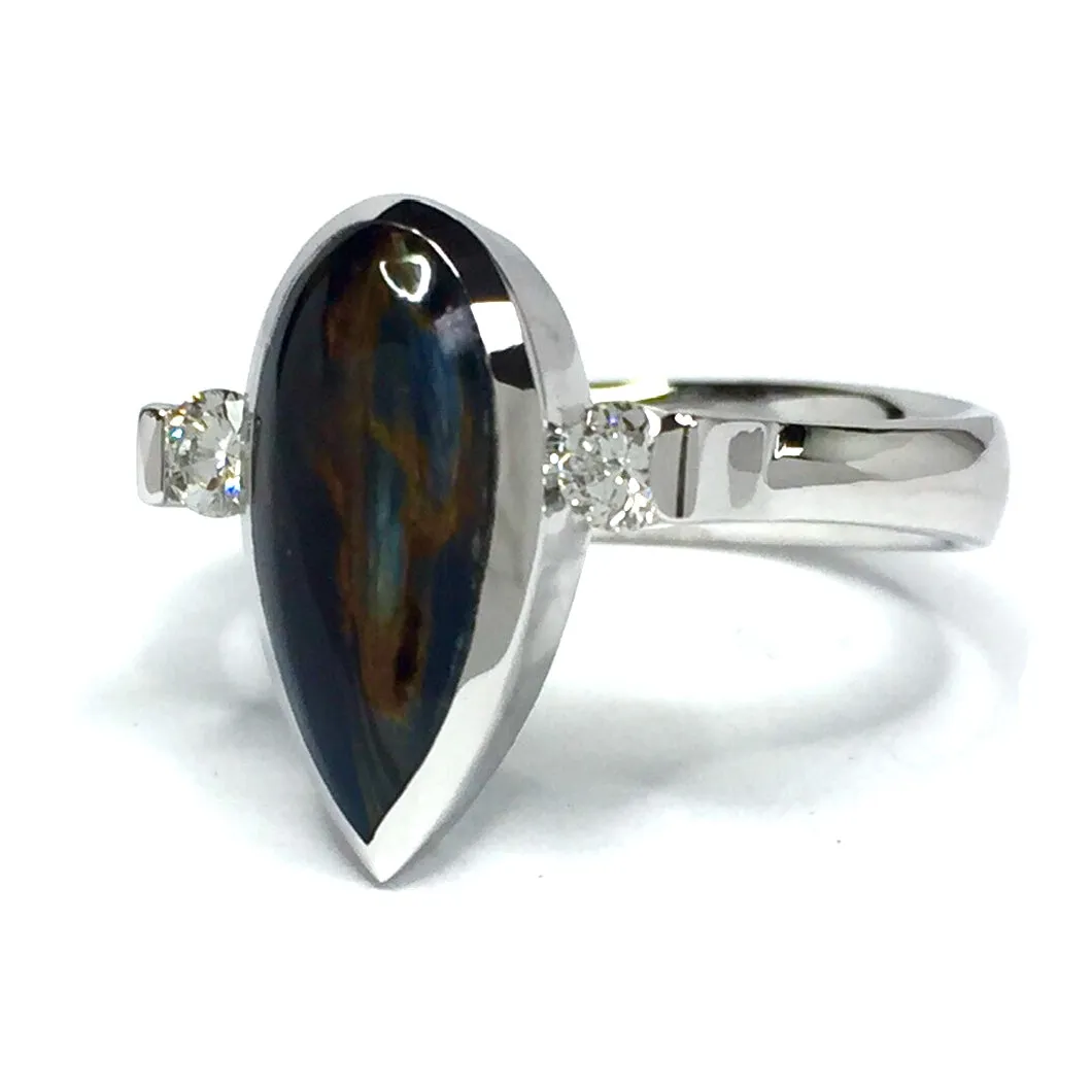Natural pietersite ring pear shape inlaid .18ctw diamonds