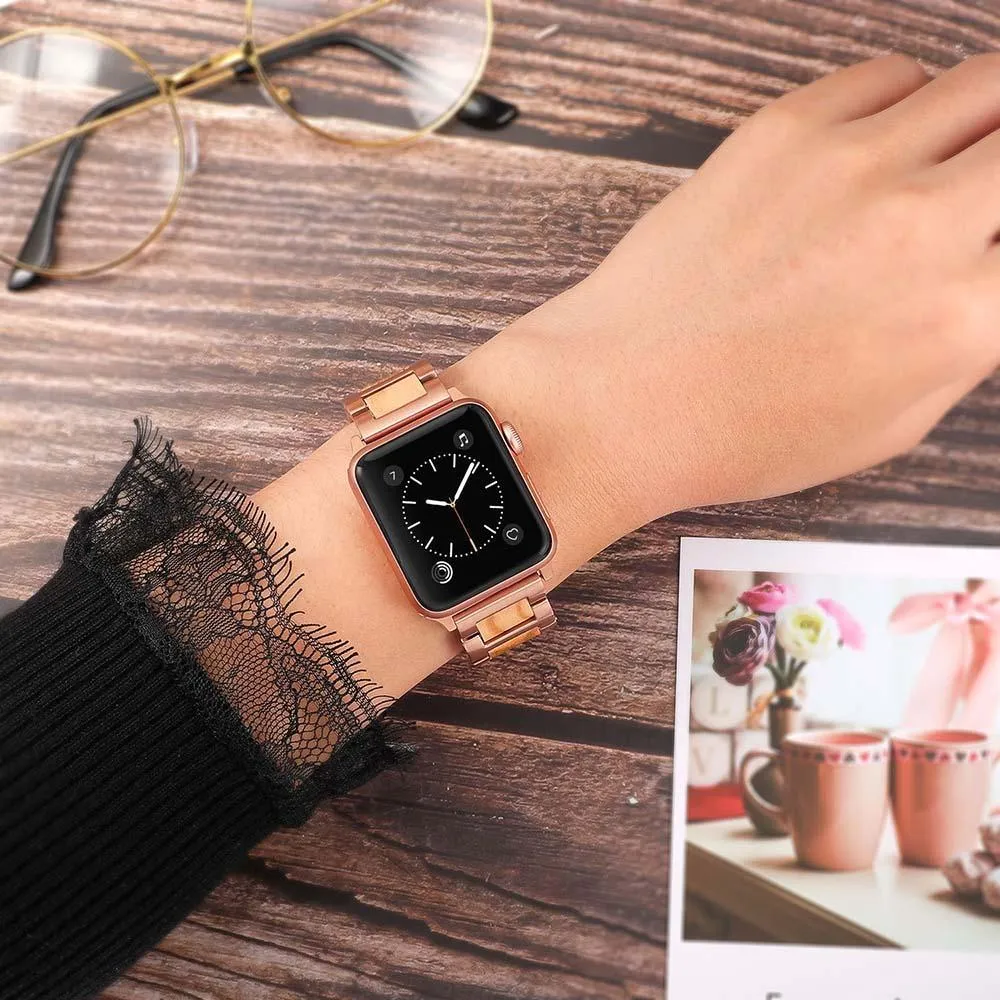 Natural Wood & Stainless Steel sport link Strap Watchband Series 7 6 5