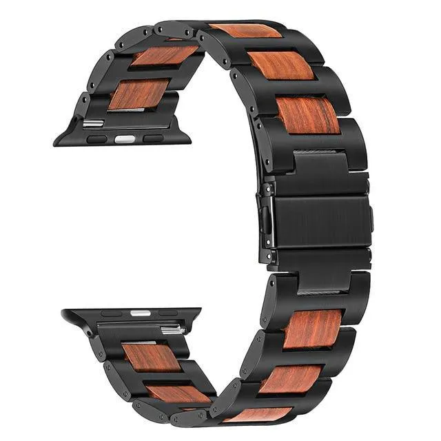 Natural Wood & Stainless Steel sport link Strap Watchband Series 7 6 5