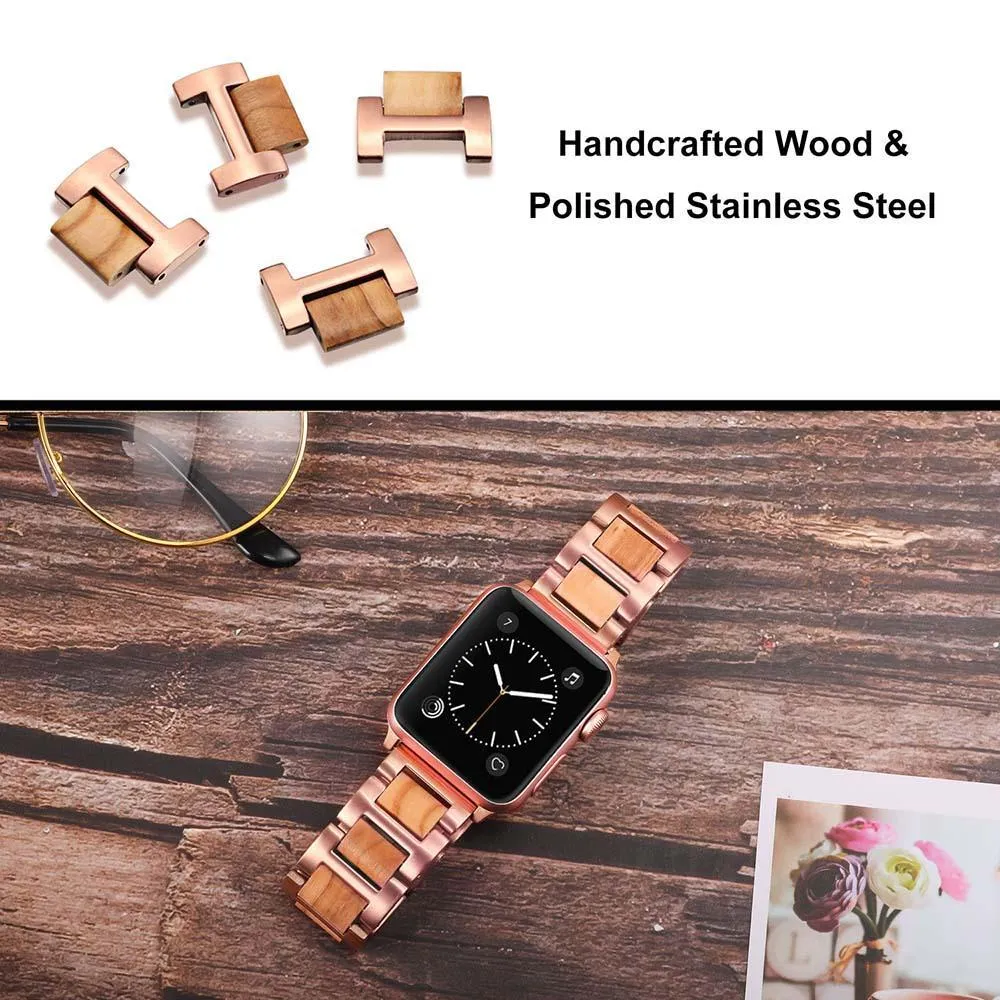 Natural Wood & Stainless Steel sport link Strap Watchband Series 7 6 5