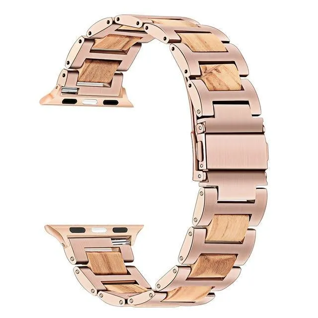 Natural Wood & Stainless Steel sport link Strap Watchband Series 7 6 5