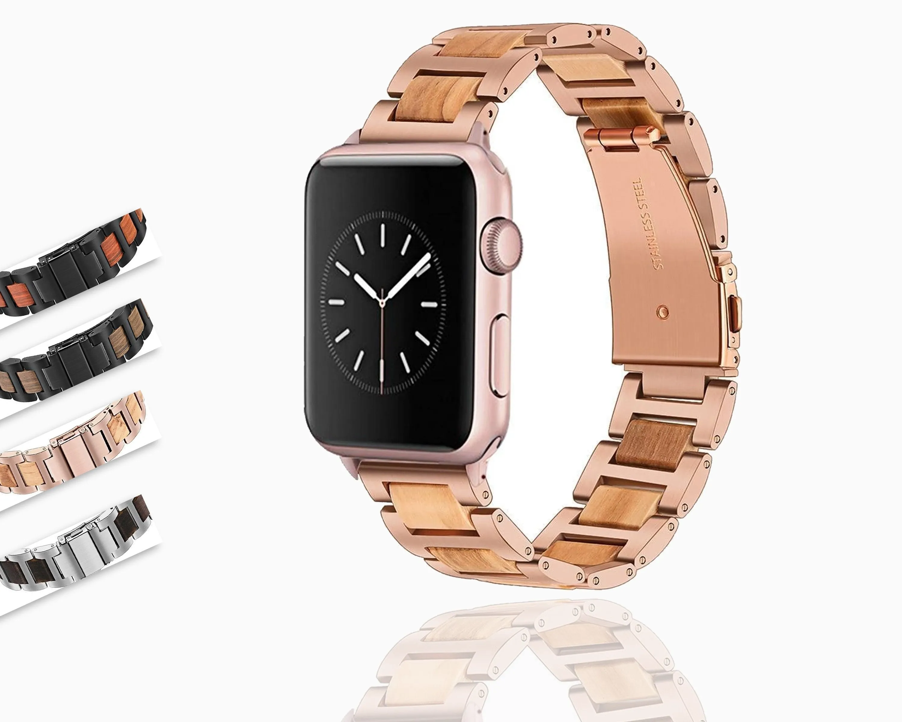 Natural Wood & Stainless Steel sport link Strap Watchband Series 7 6 5