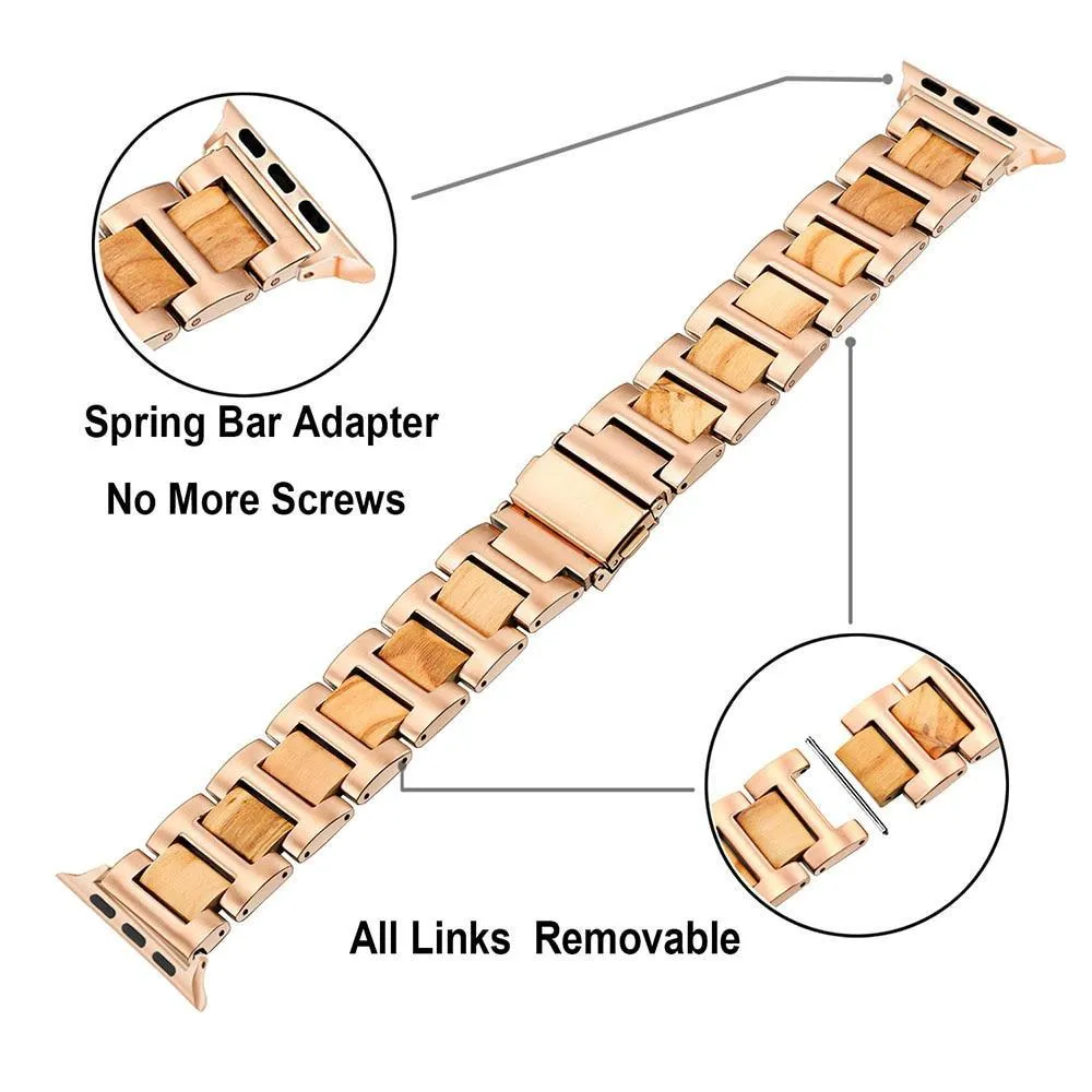 Natural Wood & Stainless Steel sport link Strap Watchband Series 7 6 5