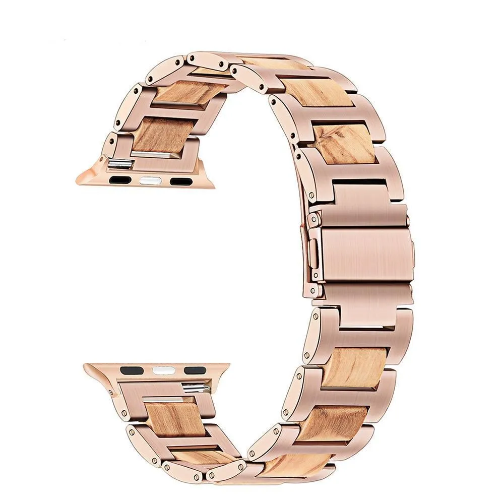 Natural Wood & Stainless Steel sport link Strap Watchband Series 7 6 5