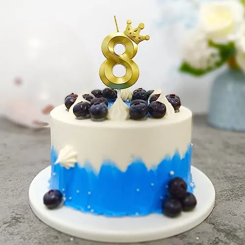 Number 8 Birthday Candle 3D Crown Designed Cake Topper Decorations for Eight Year Old Happy Birthday Candles Anniversaries (Crown-8, Gold)