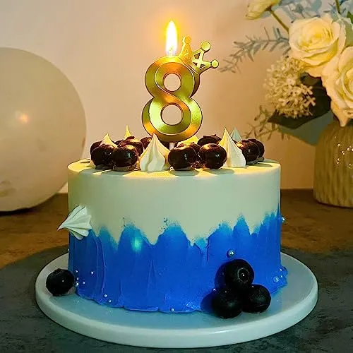 Number 8 Birthday Candle 3D Crown Designed Cake Topper Decorations for Eight Year Old Happy Birthday Candles Anniversaries (Crown-8, Gold)