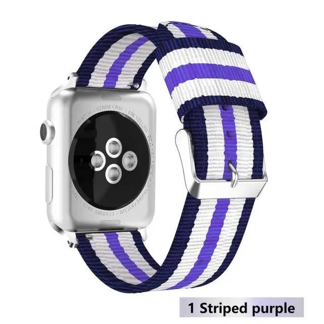 Nylon Strap Stripe Belt Woven Silver Adapter/Buckle Watchbands