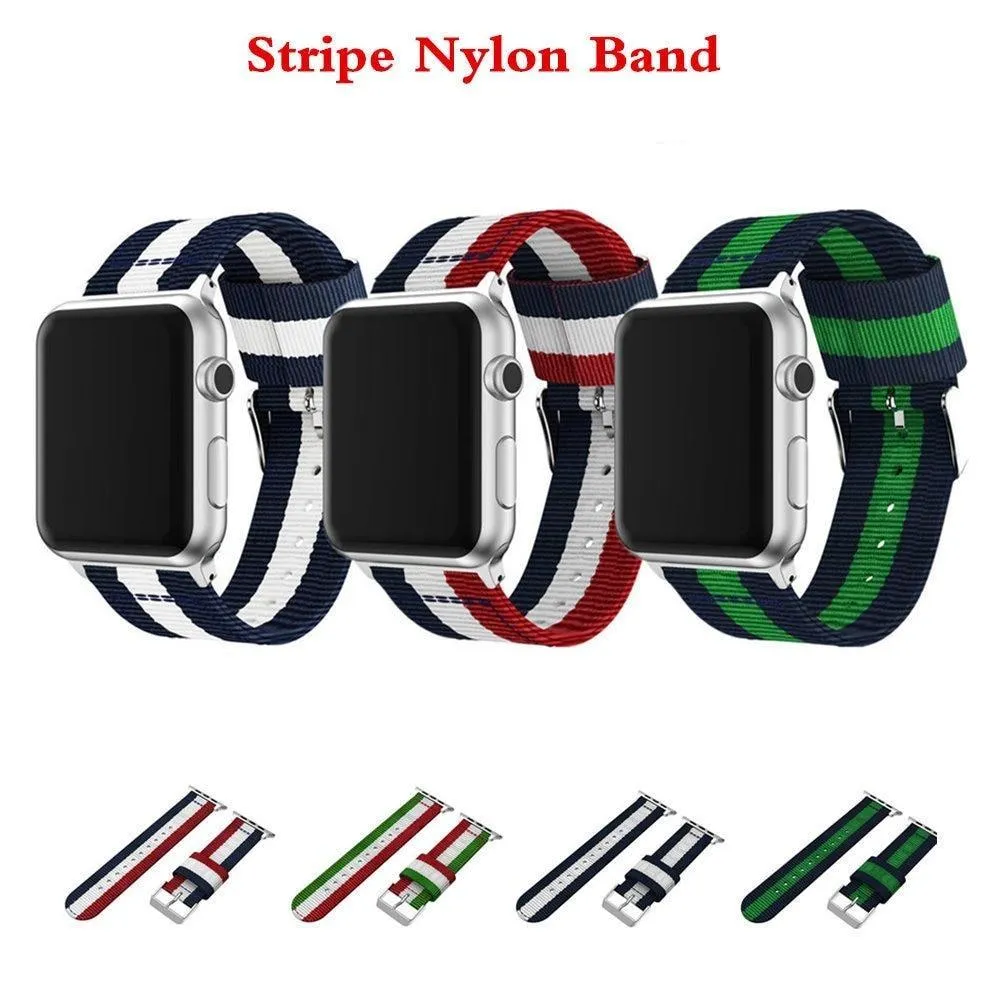 Nylon Strap Stripe Belt Woven Silver Adapter/Buckle Watchbands