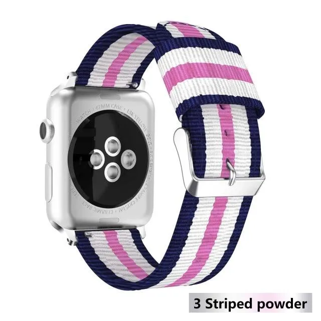 Nylon Strap Stripe Belt Woven Silver Adapter/Buckle Watchbands
