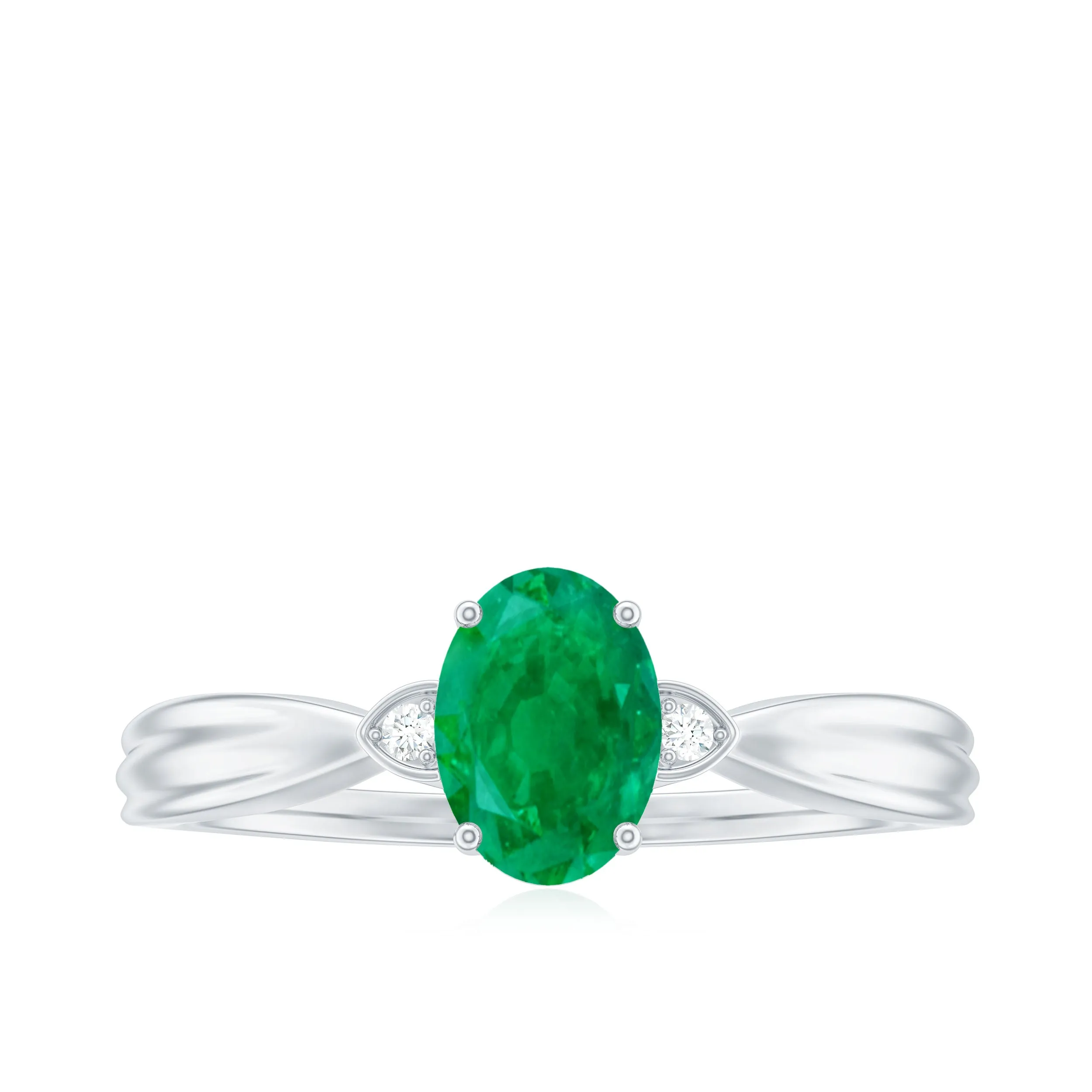 Oval Cut Real Emerald Solitaire Ring with Diamond