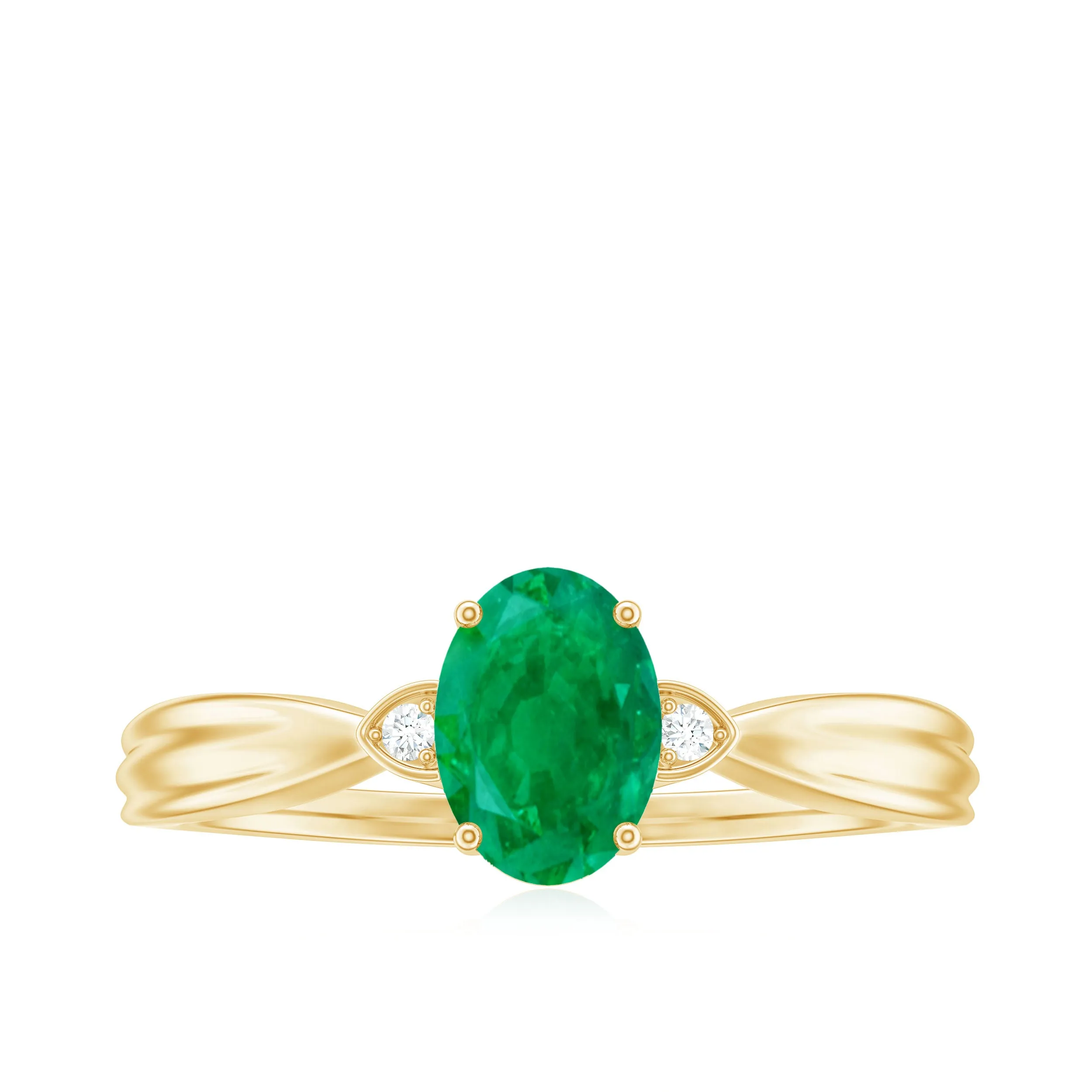 Oval Cut Real Emerald Solitaire Ring with Diamond